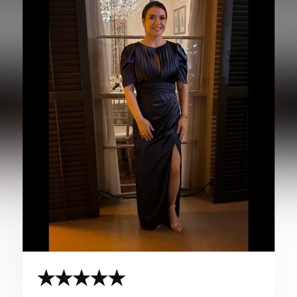 MAC DUGGAL PUFF SLEEVE PLEATED BODICE DRAPED GOWN IN MIDNIGHT BLUE SIZE 14 - Picture 13 of 16